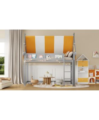 Full Size Loft Bed with Canopy, LED Lights & Book Shelf