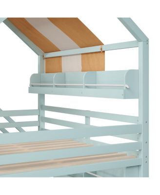 Full Size house Bed with Canopy, Slide & Built-In Bookshelves