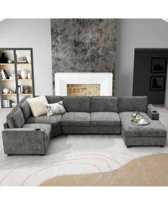 U-Shaped Sectional Sofa, 6 Seat Chenille Corner Couch with Cup Holders & Chaise