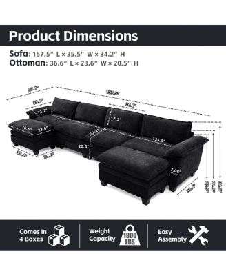  Living Room U Shape Sofa with Two Ottomans - Black Chenille