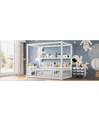 Twin Size Solid Wood Canopy Floor Bed with Guardrails & Shelves - White