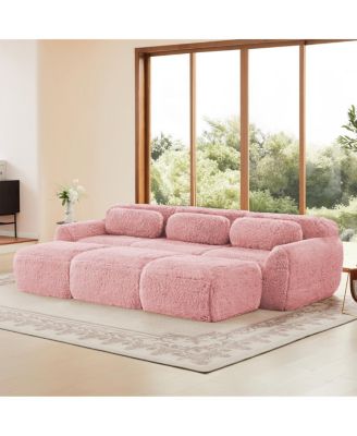  3-Seater Plush Fabric Sofa with Movable Ottoman, No Assembly Required, Pink