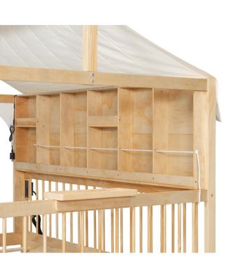 Full Size House Bed with 2 Large Drawers, Side Bookshelf with LED Strip, Natural