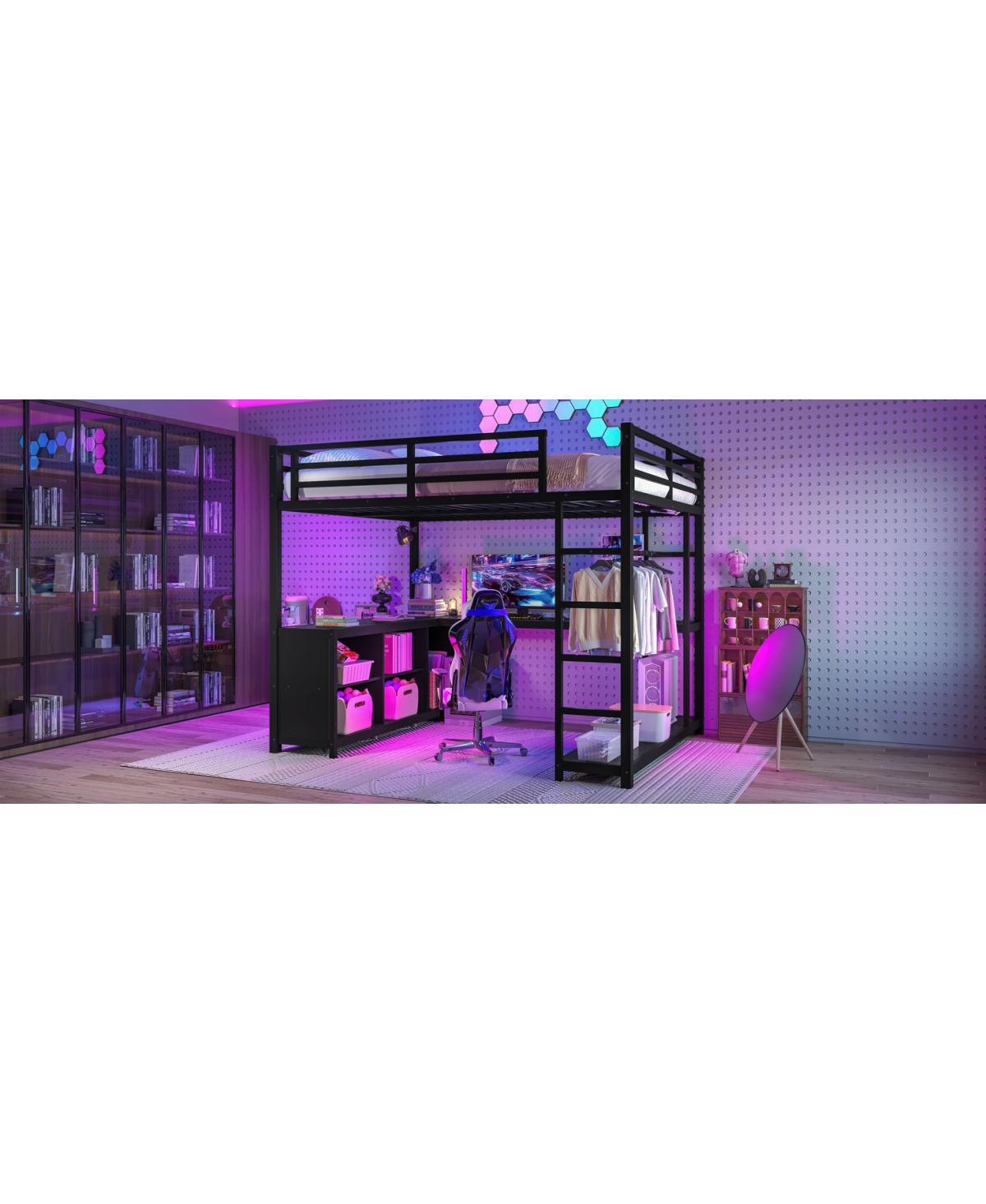 Streamdale Furniture Metal Loft Bed with Wardrobe & L-shaped Desk, Queen Size