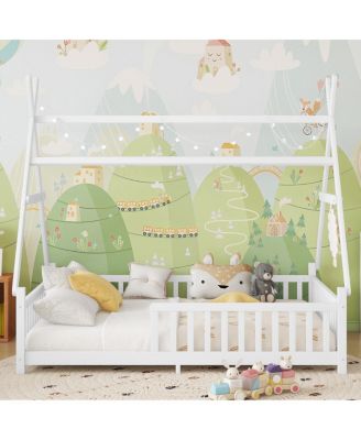 House Bed with Light, Low Floor House Bed with Fence and Roof