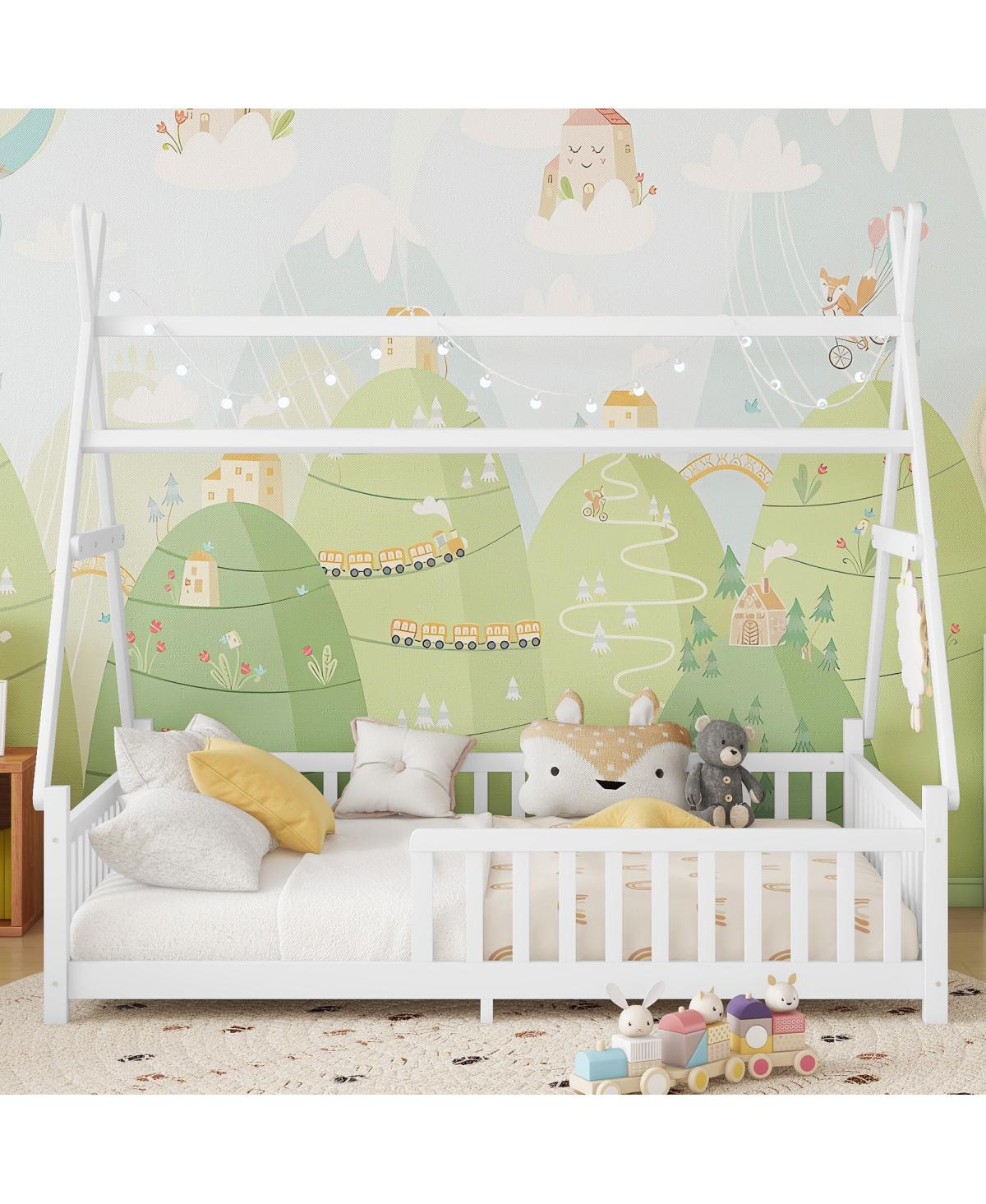 Streamdale Furniture House Bed with Light, Low Floor House Bed with Fence and Roof