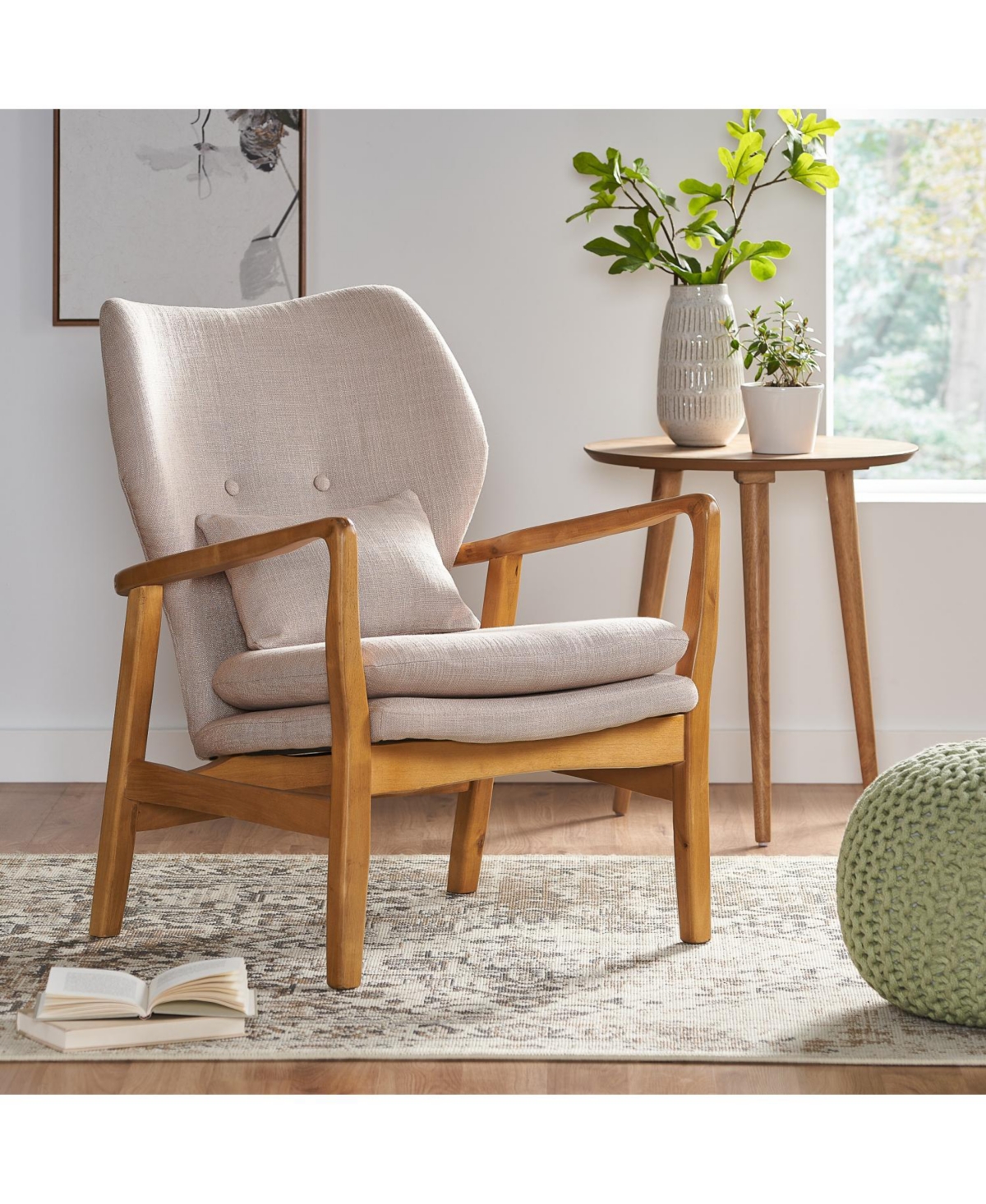 Button-Tufted Club Chair with Birch Wood Legs for Mid-Century Modern Decor