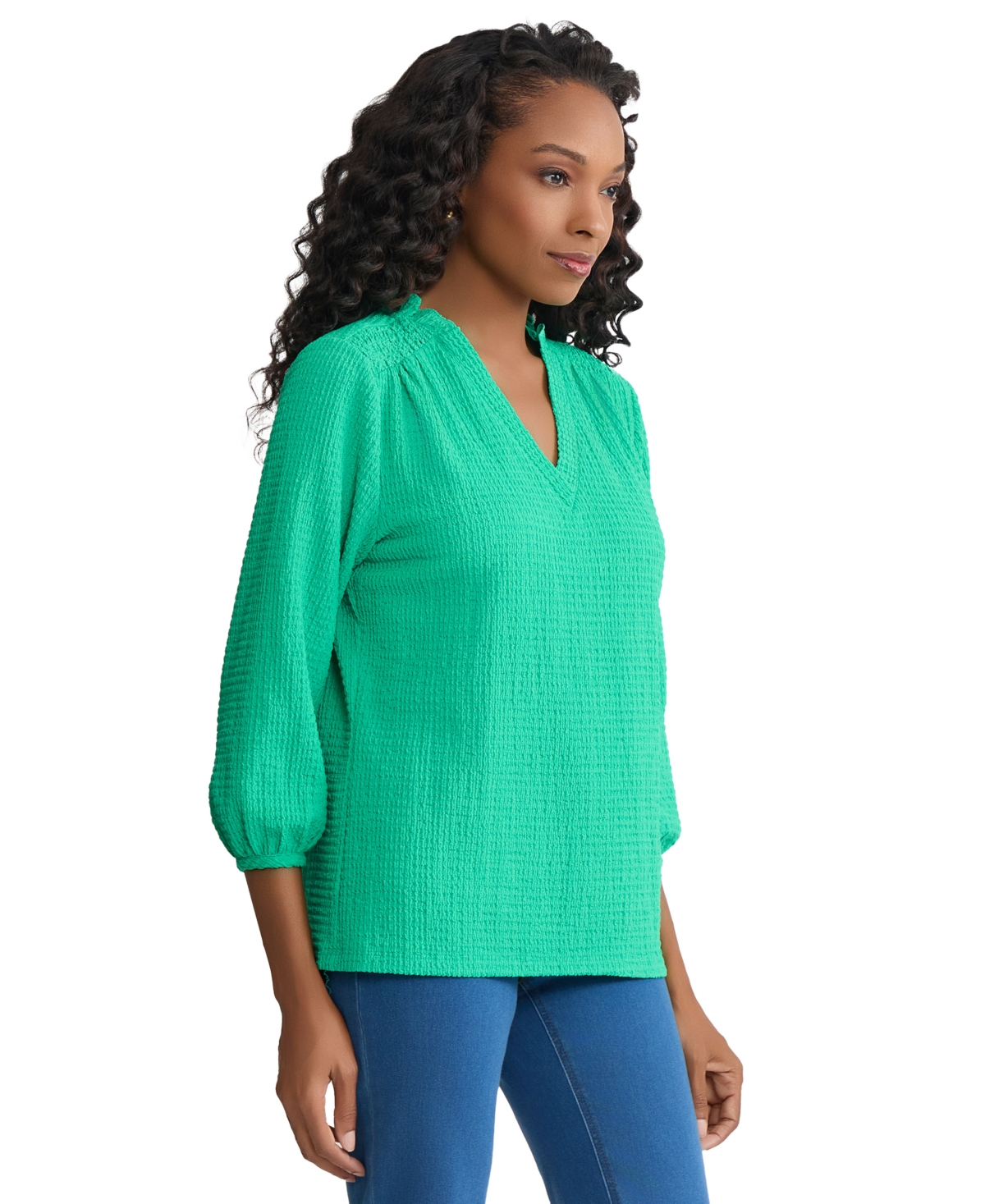 Jones New York Petite V-Neck Smocked Shoulder Top