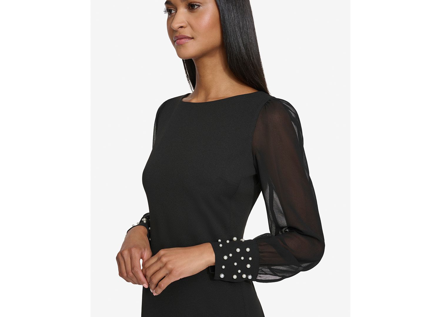 Women's Illusion-Sleeve Beaded-Cuff Dress