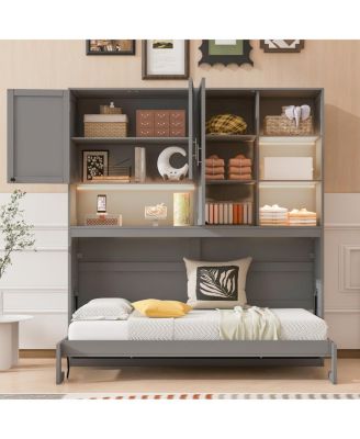 Twin Size Wall Murphy Bed with Cabinet, Shelves, Light & USB