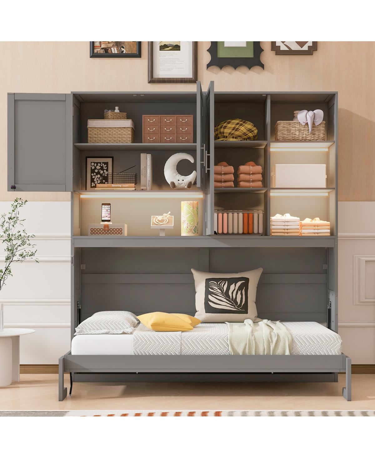 Streamdale Furniture Twin Size Wall Murphy Bed with Cabinet, Shelves, Light & Usb