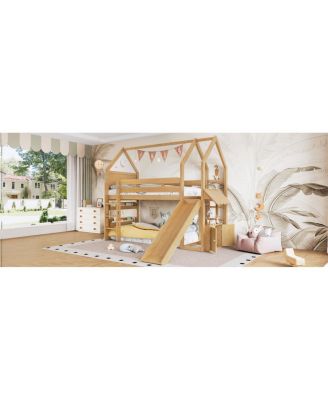 Twin Loft Bed with Bookshelf, Slide, and Playful House Design for Kids