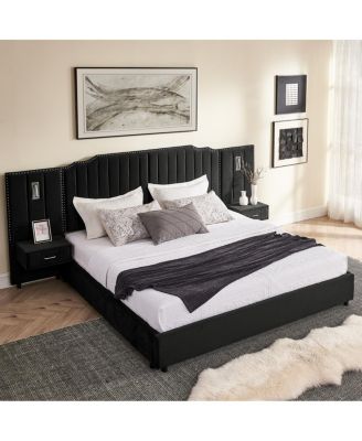 King Size Upholstered Bed Frame with Vertical Stripes & Buttons - No Box Spring Needed