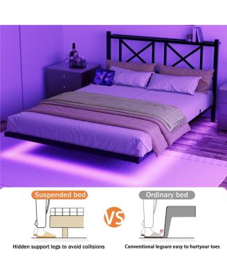 Queen Size Floating Bed Frame with Headboard & Storage, USB/LED