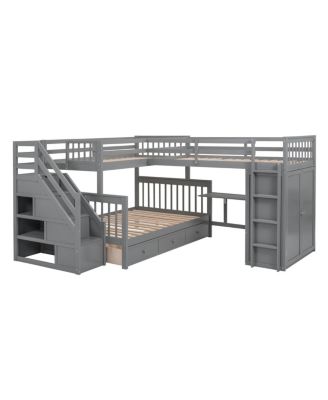 Twin over Full L-Shaped Bunk Bed with Drawers, Desk, Wardrobe