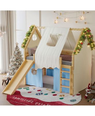 Full Size House Loft Bed with Sills, Tents, Lights, Slide