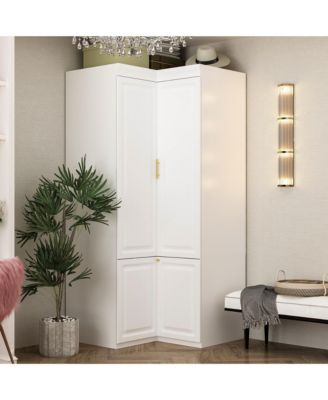 White Wood 4-Door Corner Wardrobe Armoires with Storage Shelves
