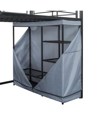 Loft Metal Bed with Desk,Shelves,Power Outlet,LED Light and Wardrobe - Full