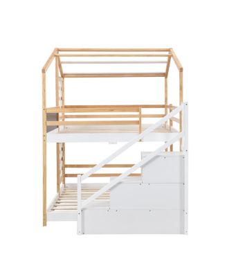 Full over Full Bunk Bed House Bed with Roof, Windows, Blackboard, Storage Ladder