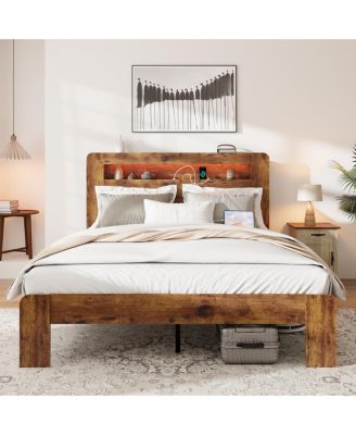 Wood Platform Bed Frame Queen w/Storage, LED, USB