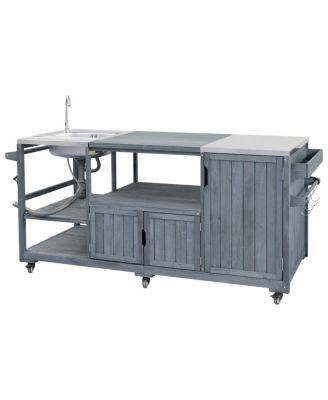 Outdoor Kitchen Island with Sink, Solid Wood Grill Cart for XL Green Egg, Rolling Bar Cart, Brown