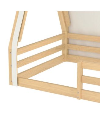 Twin Size House Floor Bed with Tent and Light, Solid Wood Teepee Design