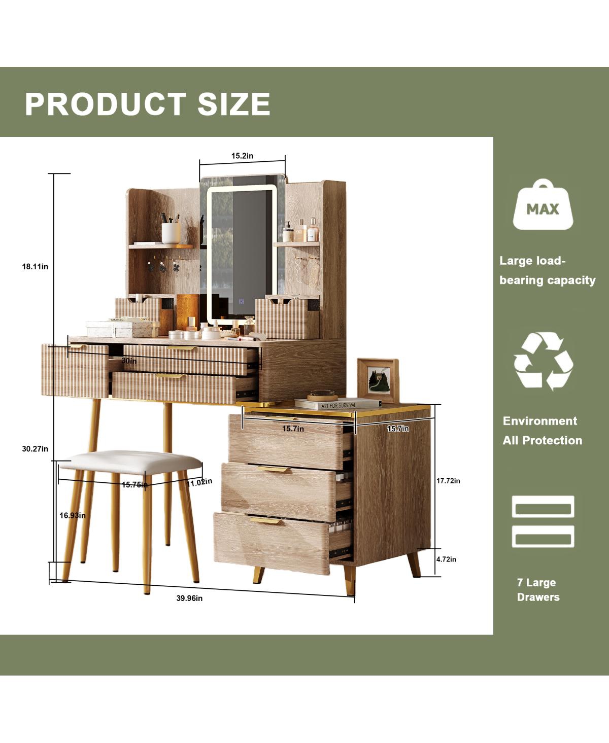 Streamdale Furniture 7-Drawer Vanity Desk with Led Mirror & Carved Details, Makeup Table with Stool