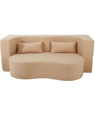 2-in-1 Convertible Sofa Bed, Full Size Folding Loveseat Couch with Teddy Fabric, Apricot