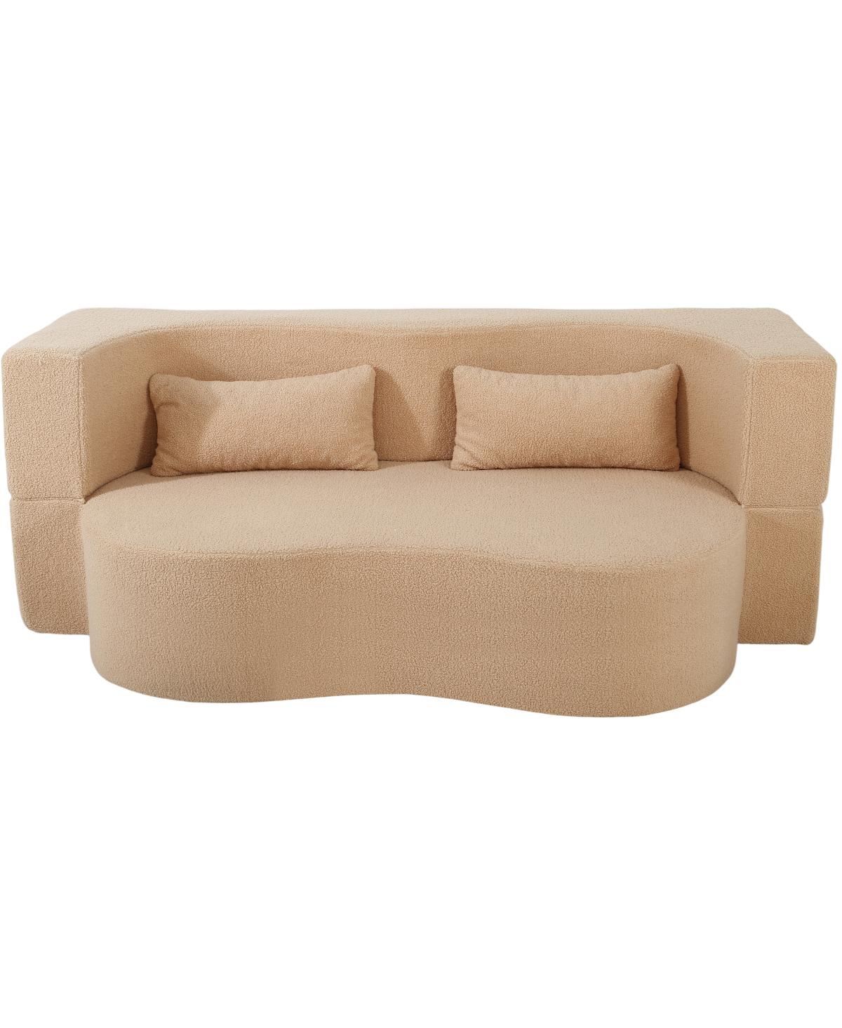 Streamdale Furniture 2-in-1 Convertible Sofa Bed, Full Size Folding Loveseat Couch with Teddy Fabric, Apricot