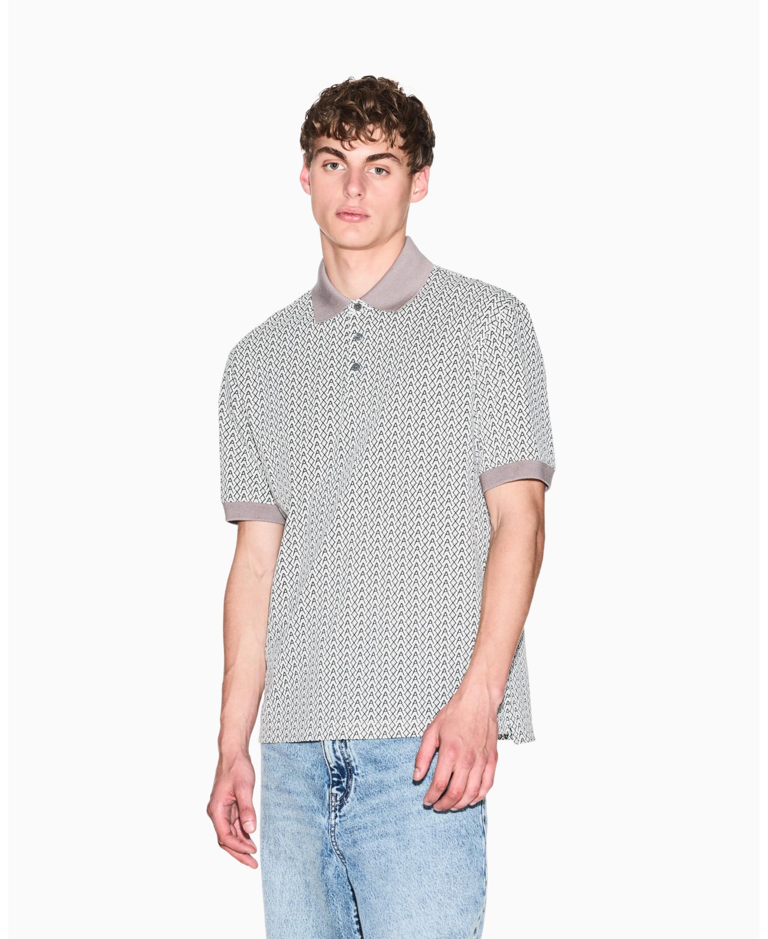 Men's Short Sleeve Pique Allover Logo Print Polo Shirt
