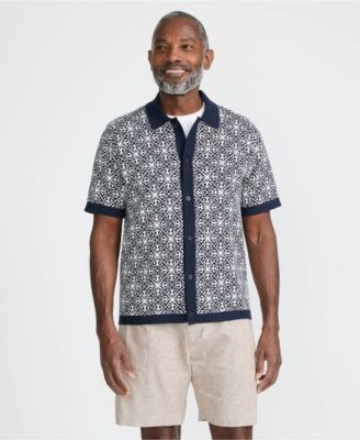 Men's Short Sleeve Tile Jacquard Button Down Sweater Polo
