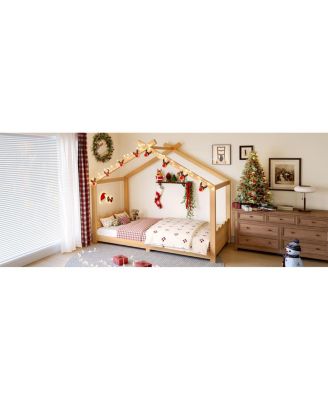 Twin House Floor Bed with Slats, Solid Wood House Bed Frame for Kids