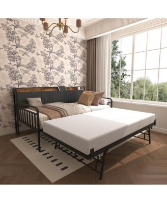 Daybed with Trundle, Metal Twin Bed Frame with Headboard & Charging Station