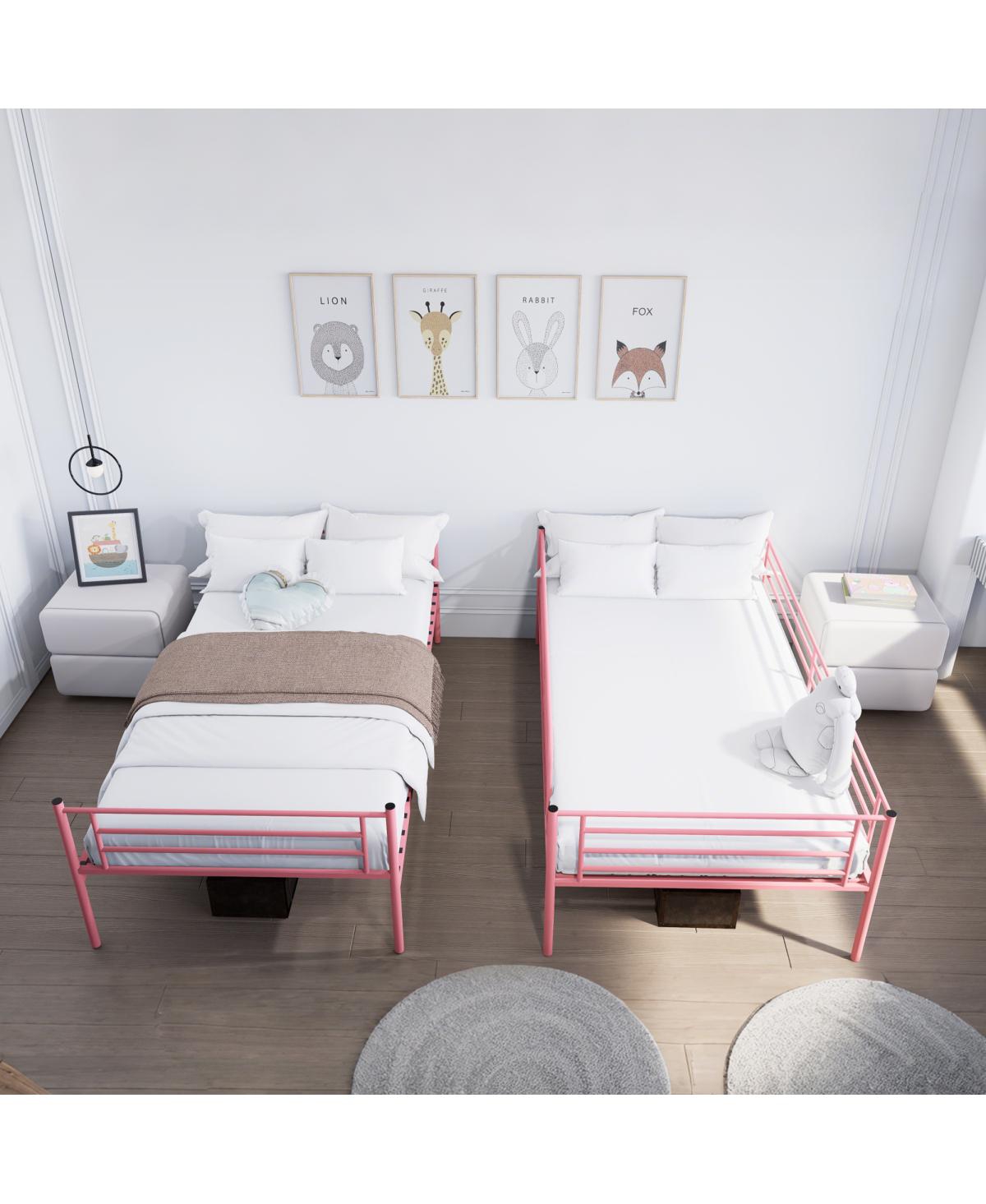 Streamdale Furniture Pink Twin Over Twin Metal Bunk Bed with Ladder, Guardrail, Storage, Noise Free