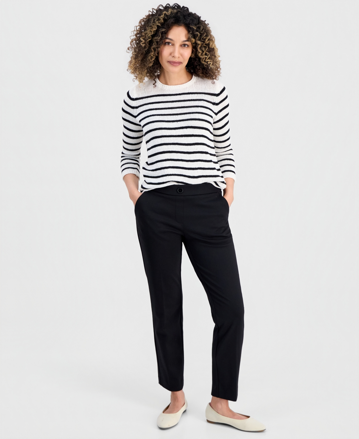 Jones New York Petite Striped Open Crewneck Sweater