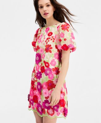 Women's Floral-Embroidered Puff-Sleeve Dress