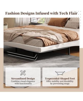  Queen Size White PU Leather Upholstered Platform Bed Frame, No Box Spring Needed