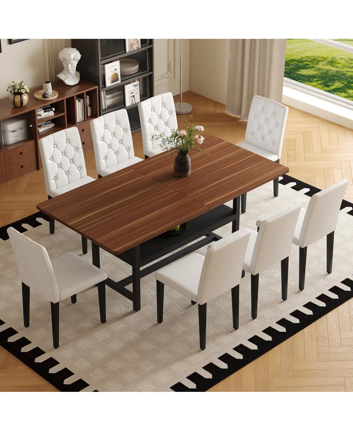 Streamdale Furniture Walnut Dining Table (71") with 8 White Pu Chairs