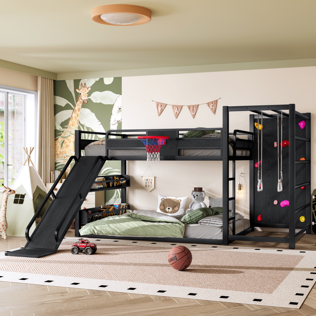 Streamdale Furniture Full size metal loft bed with basketball hoop, slide, and bookshelves.