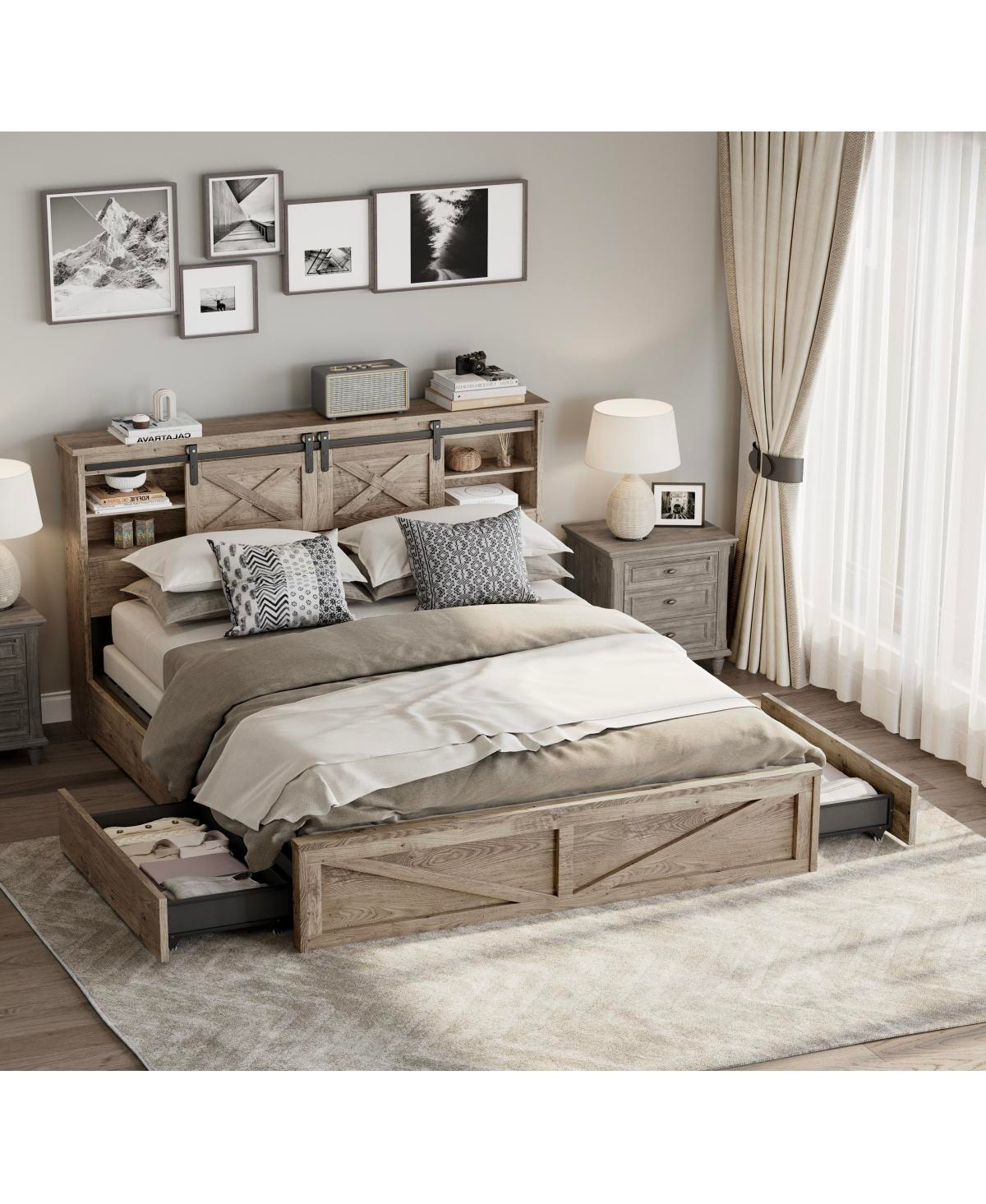 Streamdale Furniture Farmhouse King Bed Frame with Led Lights, Charging Station & Storage Drawers