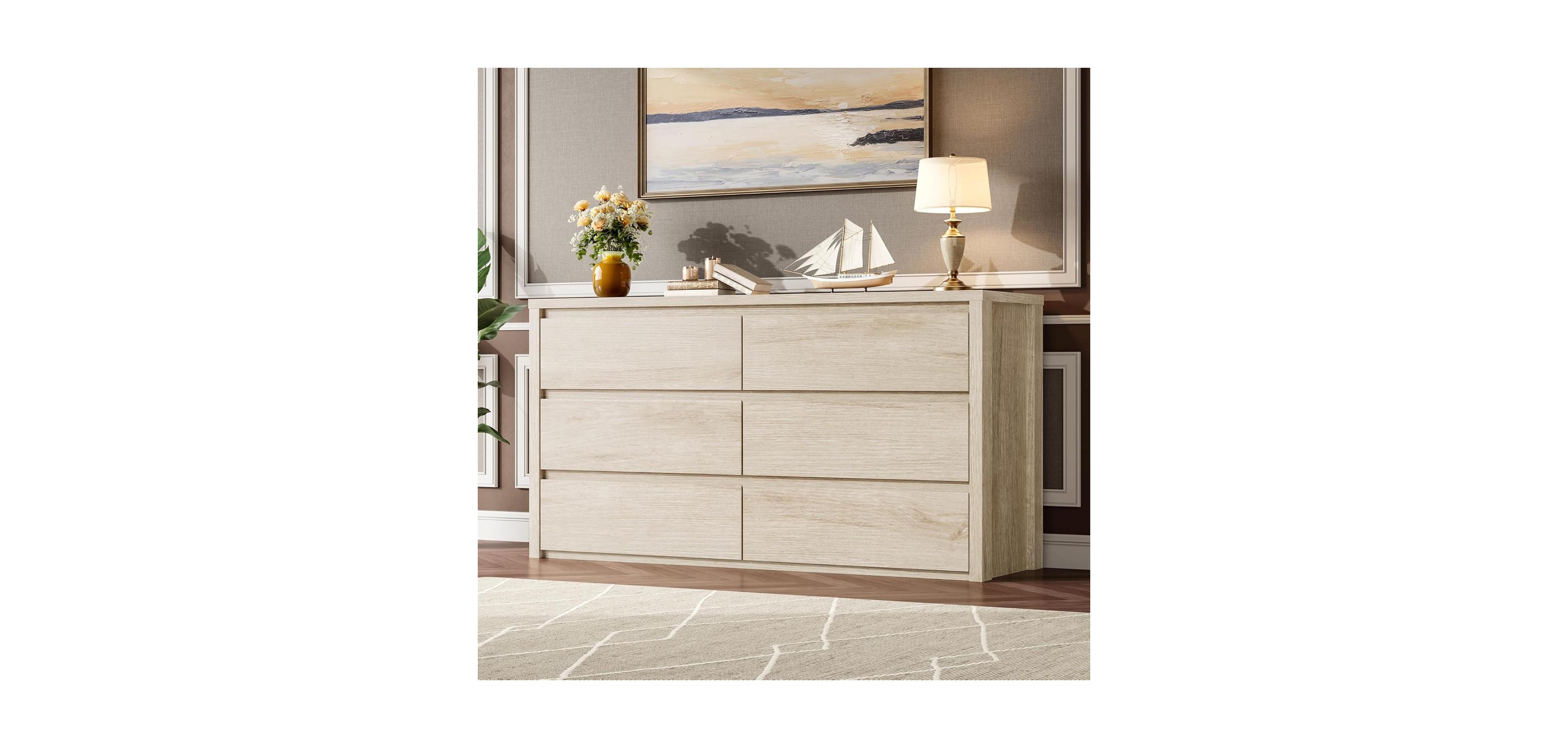 gaomon 6-Drawer Dresser for Bedroom, Wide Handle-Free Wood Chest, Modern Storage Cabinet for Living Room, Hallway, Entryway