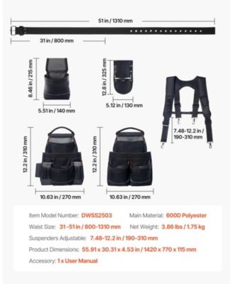 Tool Belt with Suspenders, 19 Pockets Heavy-Duty Tool Pouch, Adjustable Waist 31–51 in, Detachable Suspension Rig