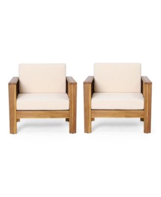 Set Of 2 Acacia Wood Club Chairs With Cushions