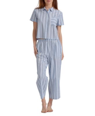Women's Cropped Button Down Shirt and Pajamas, 2-Piece Set