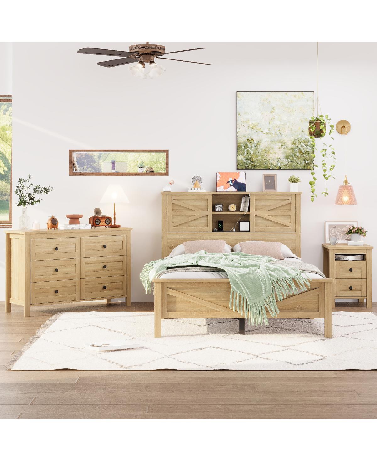 Streamdale Furniture 3-Piece Farmhouse Full Bed Set w/ Sliding Door Headboard, Nightstand & Dresser