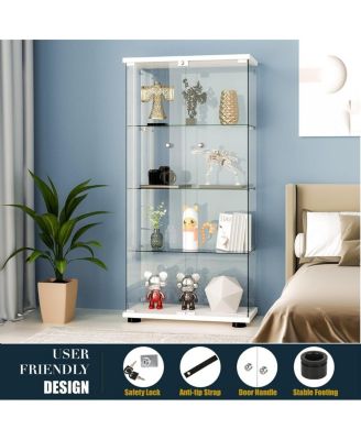 Glass Display Cabinet 4-Shelf 2 Doors with LED Light Lockable White