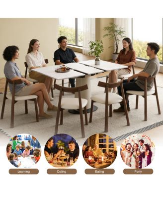 Retractable Rock Slab Dining Table Set, 7-Piece Expandable Table with 6 Chairs & Leather Base