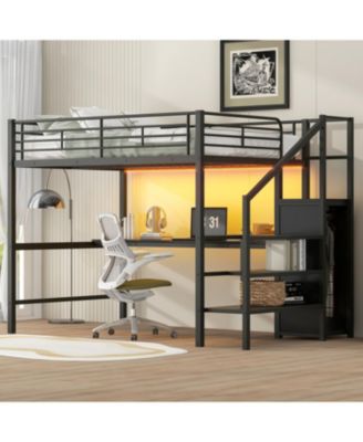 Metal Loft Bed with Desk, Storage Staircase & Wardrobe