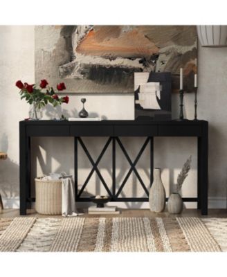 60" Acacia Console Table - Crisscross Design & 4 Drawers