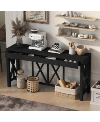 60" Acacia Console Table - Crisscross Design & 4 Drawers